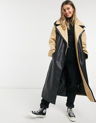 ASOS Design + Hybrid Leather Look Belted Coat in Camel/Black