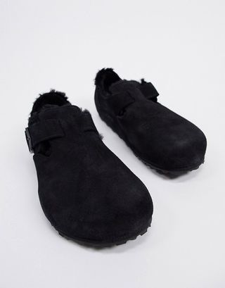 Birkenstock + London Shoes in Black Shearling