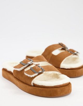 Mango + Suede Slider Lounge Slippers With Faux Shearling Lining in Tan
