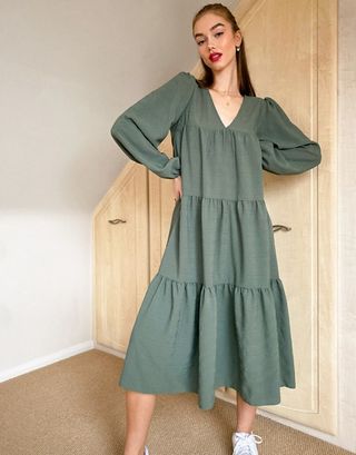 ASOS Design + Textured Tiered Midi Smock Dress