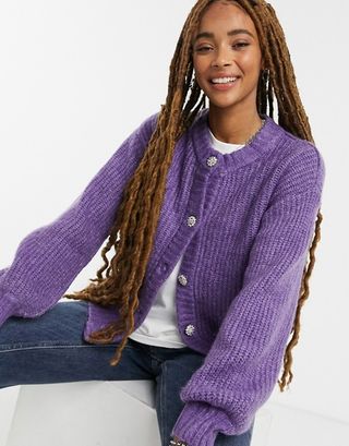 Monki + Majli Cardigan With Embellished Buttons in Purple