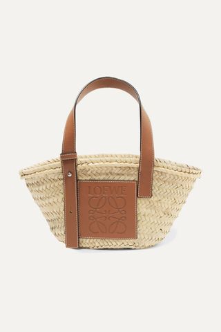 Loewe + Small Leather-Trimmed Woven Raffia Tote