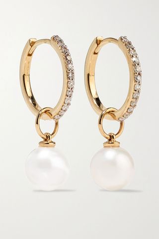 Mateo + 14-Karat Gold, Diamond and Pearl Hoop Earrings