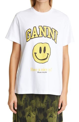 Ganni + Oversize Smiley Face Logo T-Shirt