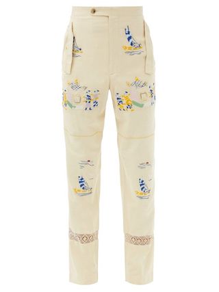 Bode + Sailing Tableau Embroidered Upcycled-Silk Trousers
