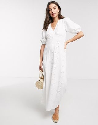 ASOS + Broderie Tea Maxi Dress With Puff Sleeves