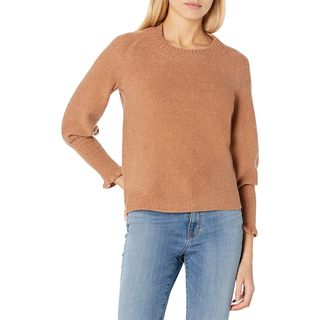 Goodthreads + Mid-Gauge Stretch Long Ruffle Sleeve Scoop Neck Sweater in Caramel Heather