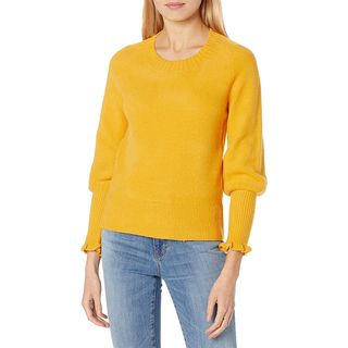 Goodthreads + Mid-Gauge Stretch Long Ruffle Sleeve Scoop Neck Sweater in Golden Orange