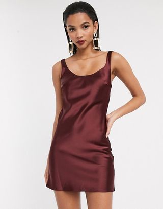 ASOS Design + Scoop Neck Mini Satin Slip Dress in Oxblood