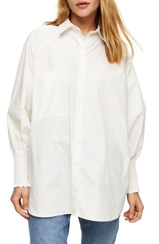 Topshop + Oversize Smocked Bishop Sleeve Button-Up Shirt