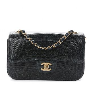 Chanel + Lizard Mini Rectangular Flap Dark Green