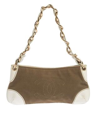 Chanel + Khaki/White Canvas and Leather CC Chain Baguette Bag