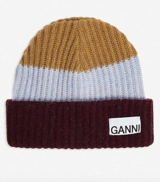 Ganni + Logo-Patch Recycled Wool-Blend Beanie Hat