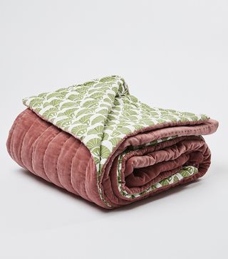 Oliver Bonas + Printed Quilted Pink Velvet Double Bedspread