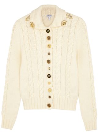 Loewe + Ivory Cable-Knit Wool Cardigan