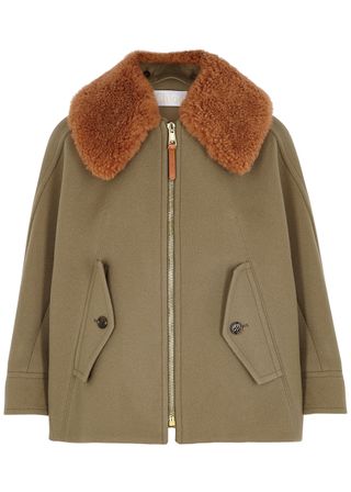 Chloé + Taupe Shearling-Trimmed Wool-Blend Jacket
