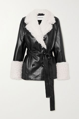 Stand Studio + Harmony Belted Faux Shearling-Trimmed Coat