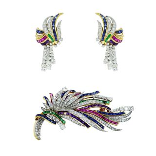 Boucheron + Paris Diamond, Ruby, Sapphire, and Emerald Brooche and Earrings Set