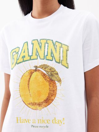 Ganni + Peach-Print Organic-Cotton T-Shirt