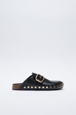 Zara + Low Heel Leather Clogs With Studs