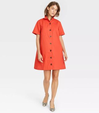 Who What Wear + Short Sleeve Button-Up Trapeze Dress