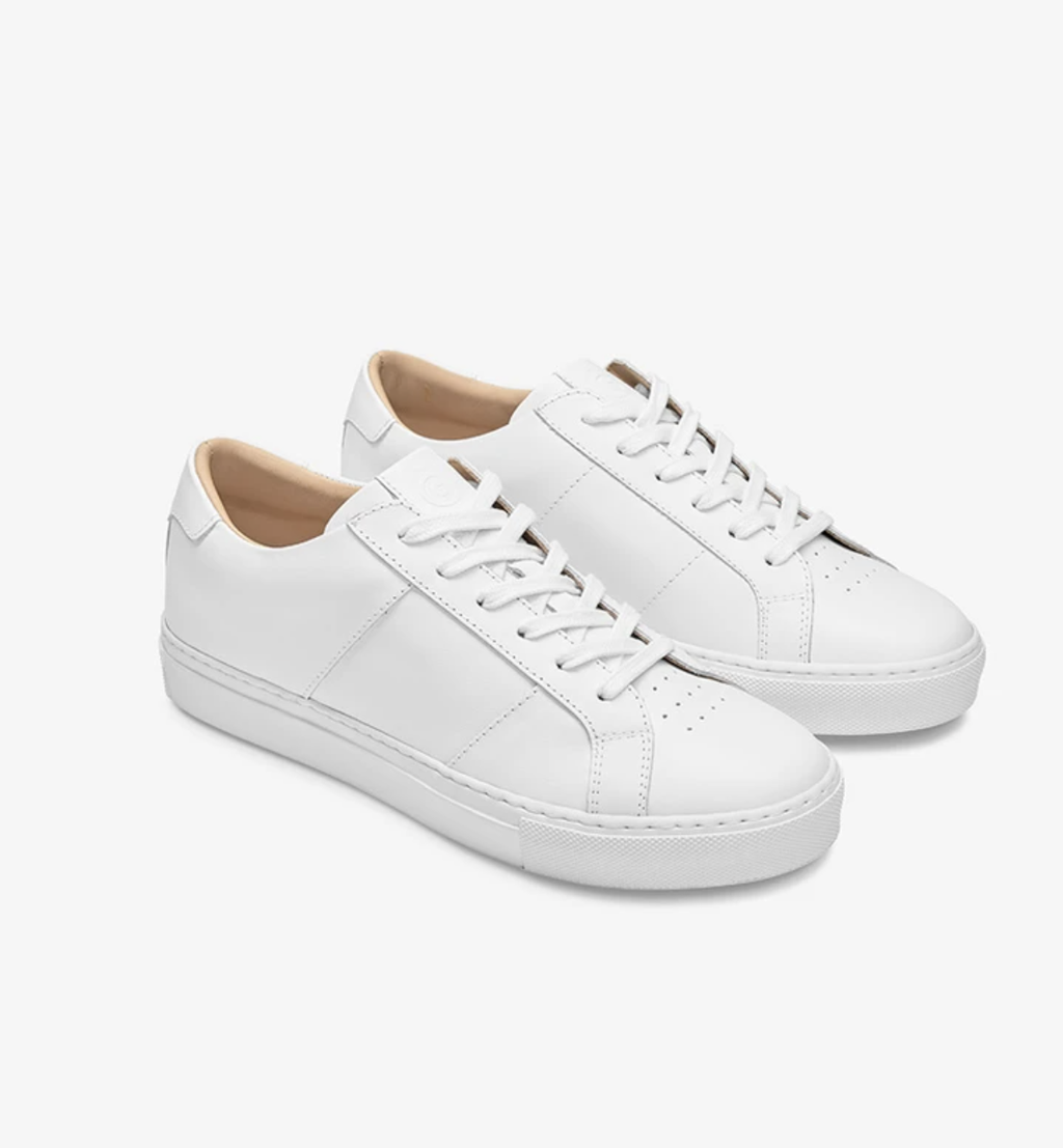 trendy white leather sneakers