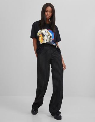 Bershka + Wide Leg Pinstripe Pants in Black