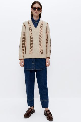 Uterqüe + V-Neck Sweater With Braided Design