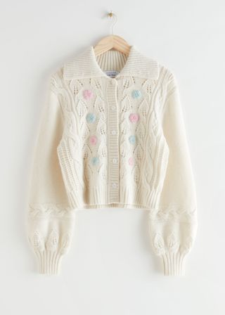 & Other Stories + Floral Embroidery Cable Knit Alpaca Cardigan