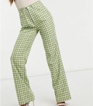 ASOS Design + High Waisted Flare Trouser in Lime Green Check