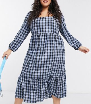 New Look + Curve Shirred Midi Smock Dress in Blue Check