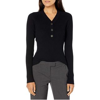Lark & Ro + Premium Viscose Blend Rib Long Sleeve Henley Slim Fit Sweater