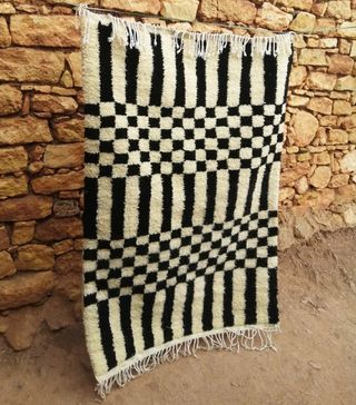 Mint and Sun + Elongated Chess Checker Moroccan Rug Beni Ourain Rug