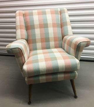 Vintage + Pink Pastel Gingham Mid Century Chair