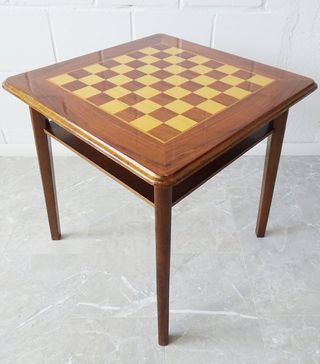 Vintage + Wooden Side Table With Checkerboard Pattern 50s Chess Table