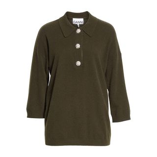 Ganni + Embellished Button Cashmere Polo Sweater