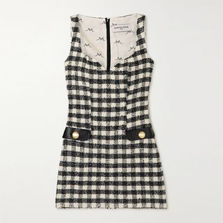 Rowen Rose + Faux Leather-Trimmed Checked Tweed Mini Dress