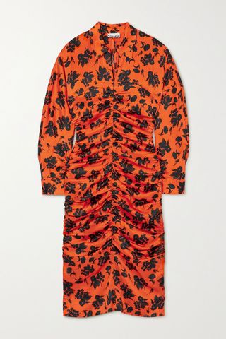 Ganni + Ruched Floral-Print Silk-Blend Satin Midi Shirt Dress