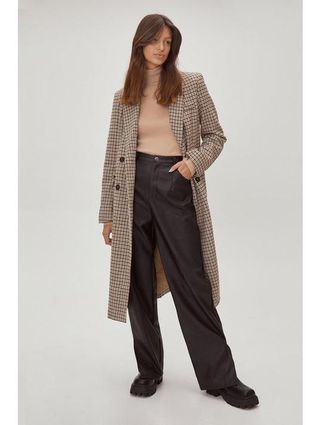Nasty Gal + Check Print Wool Look Double Breasted Longline Coat