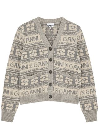 Ganni + Logo-Intarsia Wool-Blend Cardigan