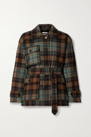 CO + Belted Checked Wool-Blend Twill Coat