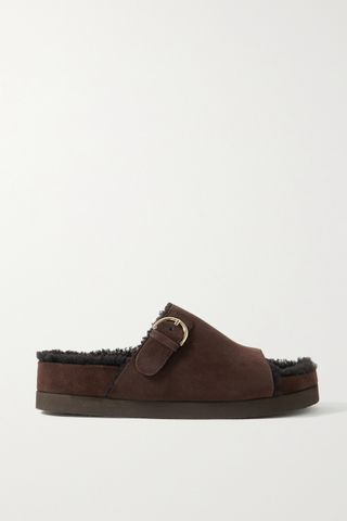 CO + Buckled Dark Brown Suede and Shearling Sandals