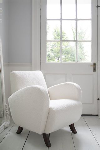 White & Faded + Antique Mid Century Art Deco Chair in Faux Sheepskin