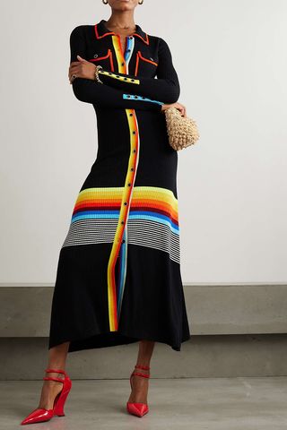 Christopher John Rogers + Striped Ribbed Wool-Blend Midi Shirt Dress