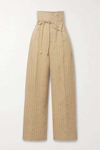 Jacquemus + Novio Belted Pinstriped Linen Wide-Leg Pants