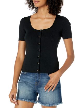 The Drop + Maxine Short Sleeve Square Neck Button Front Rib Cardigan