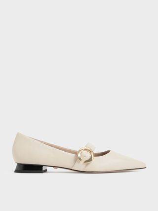 Charles & Keith + Chalk Metallic Buckle Leather Mary Janes