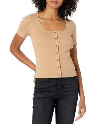 The Drop + Short Sleeve Square Neck Button Front Rib Cardigan