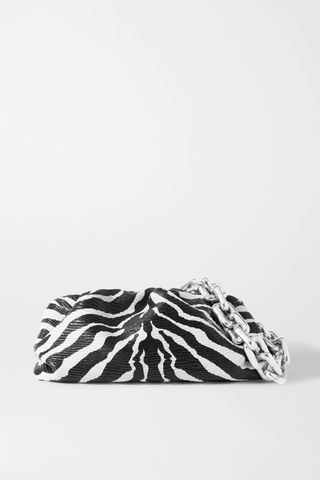 Bottega Veneta + The Pouch Chain-Embellished Gathered Zebra-Print Textured-Leather Clutch