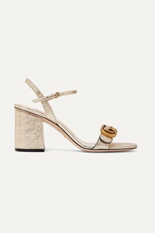 Gucci + Marmont Logo-Embellished Metallic Cracked-Leather Sandals